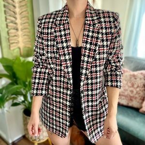 VTG 90s Houndstooth Red Black Blazer Jacket SZ 12